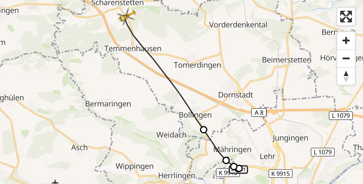 Flugroute Rettungshubschrauber Ulm Military Hospital Emergency - Dornstadt, 30 August 2026, 14:50