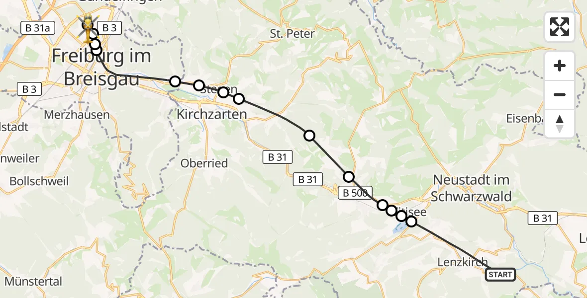 Flugroute Ambulanzhubschrauber Lenzkirch - Freiburg im Breisgau Flugplatz, 30 August 2026, 14:54