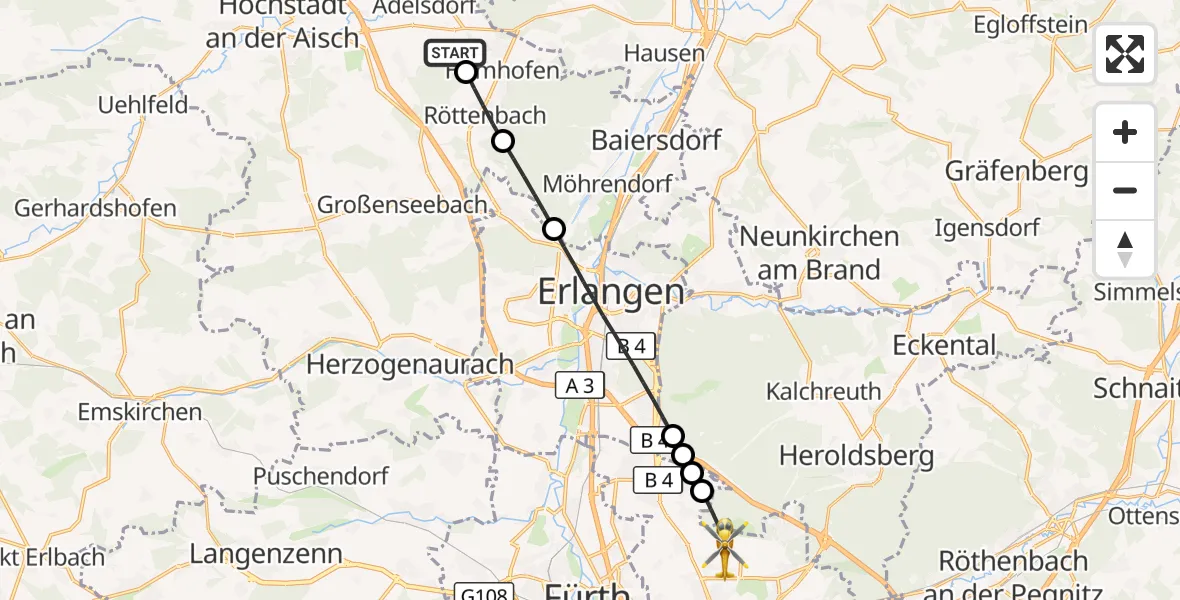 Flugroute Ambulanzhubschrauber Adelsdorf - Flughafen Nuremberg, 30 August 2026, 14:55