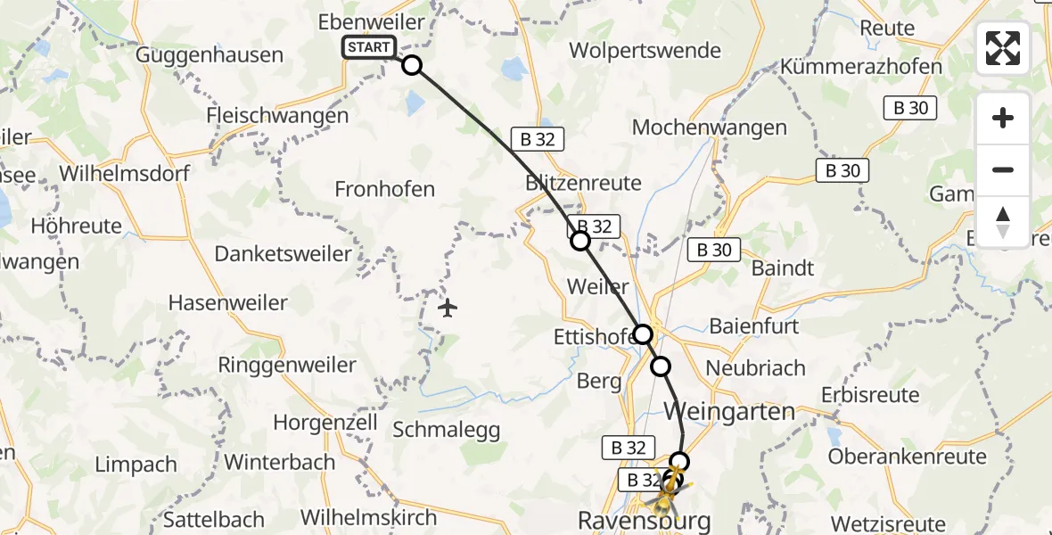 Flugroute Rettungshubschrauber Ebenweiler - Sankt Elisabeth Hospital, 30 August 2026, 14:58