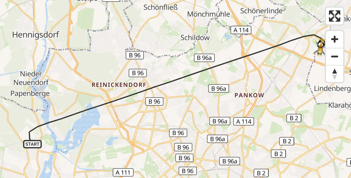 Flugroute Rettungshubschrauber Berlin - Helios Clinic Berlin-Buch, 30 August 2026, 15:02
