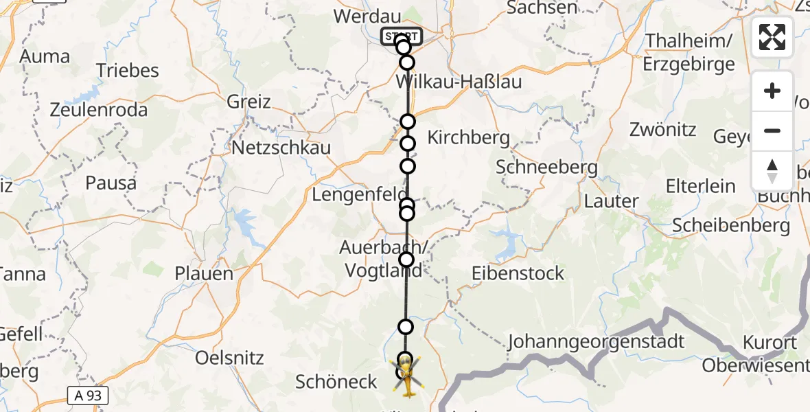 Flugroute Rettungshubschrauber ADAC Air Rescue Station Zwickau Hubschrauberlandeplatz - Klingenthal, 30 August 2026, 15:03