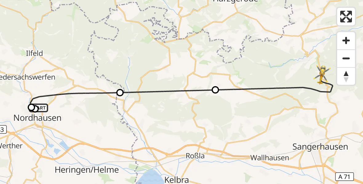 Flugroute Rettungshubschrauber Südharz Hospital Nordhausen - Sangerhausen, 30 August 2026, 15:04