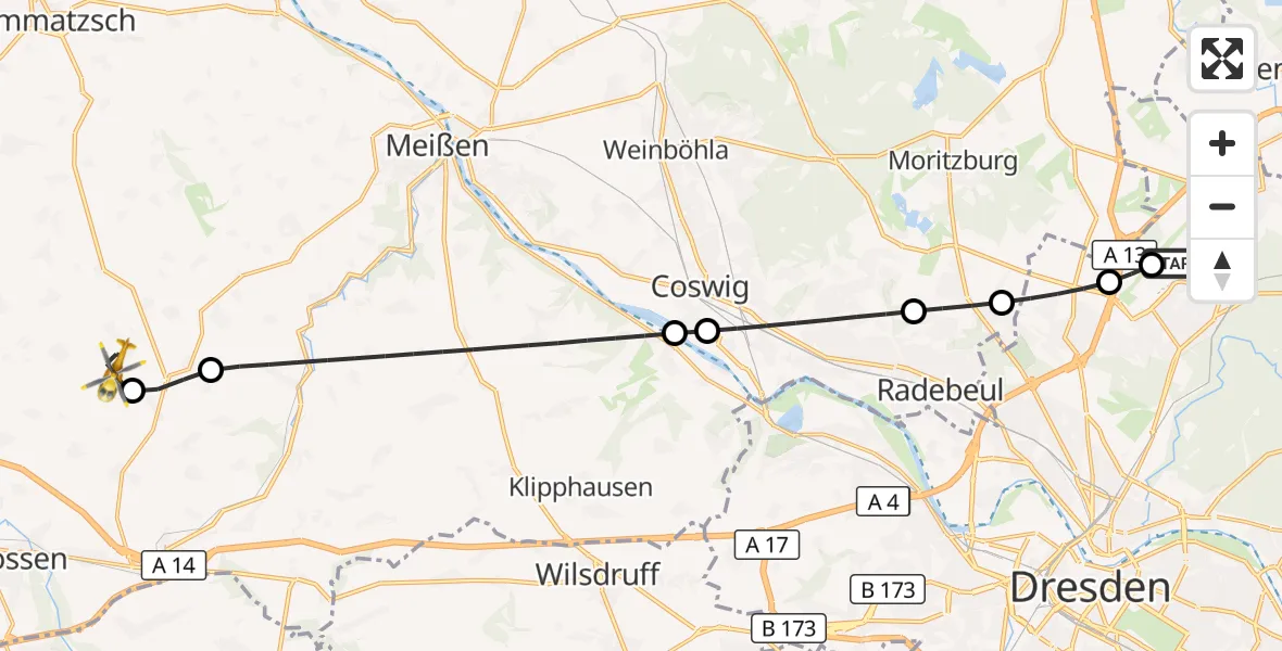Flugroute Rettungshubschrauber Dresden Bundespolizei Hubschrauberlandeplatz - Nossen, 30 August 2026, 15:05