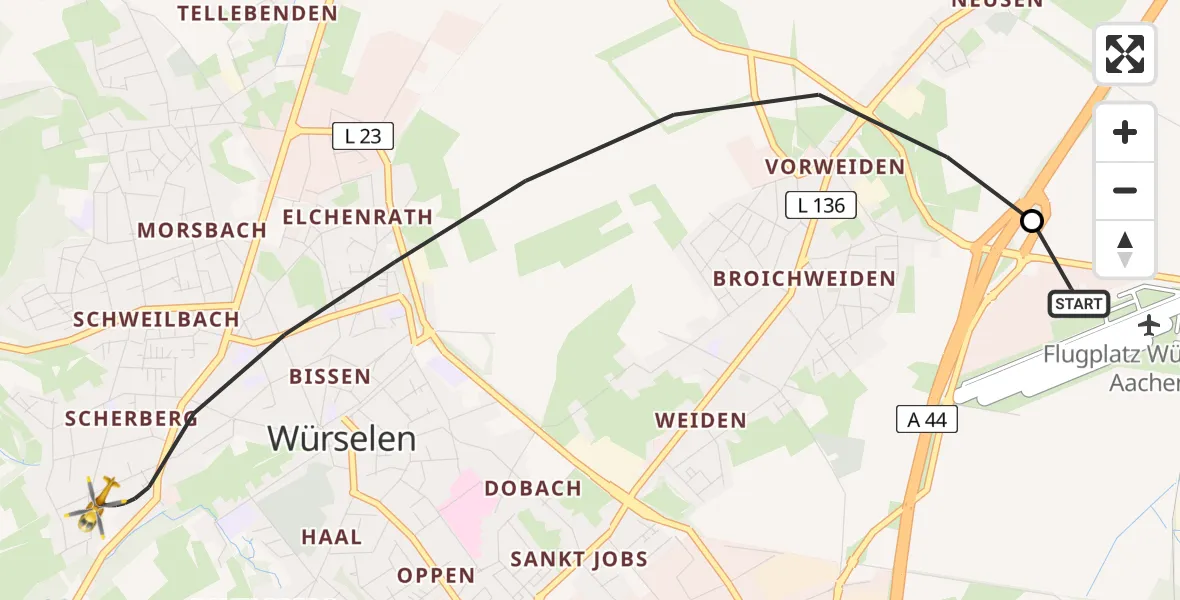 Flugroute Rettungshubschrauber Aachen-Merzbrück Flughafen - Würselen, 30 August 2026, 15:05