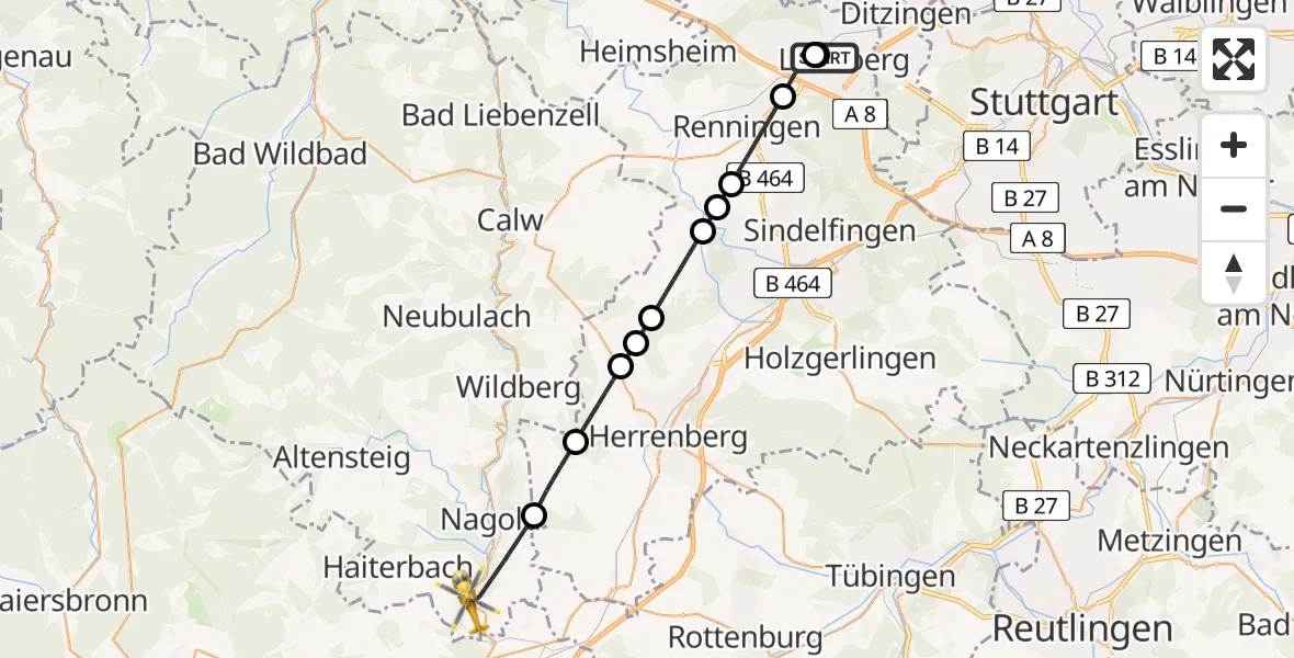 Flugroute Rettungshubschrauber Leonberg Hospital - Nagold, 30 August 2026, 15:16