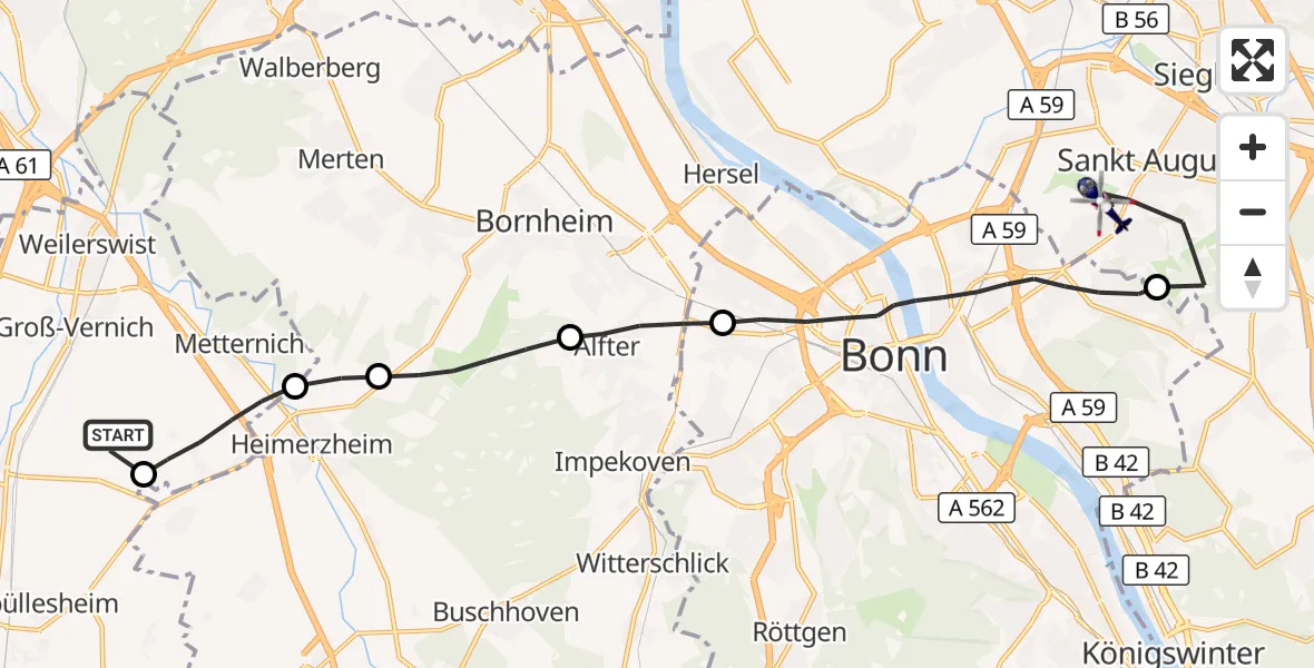 Flugroute Polizeihubschrauber Weilerswist UL - Sankt Augustin, 30 August 2026, 15:17