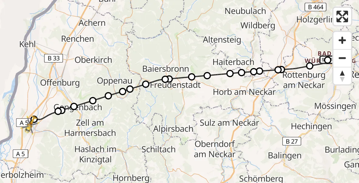 Flugroute Rettungshubschrauber Tübingen Trauma Hospital - Lahr Flughafen, 30 August 2026, 15:21