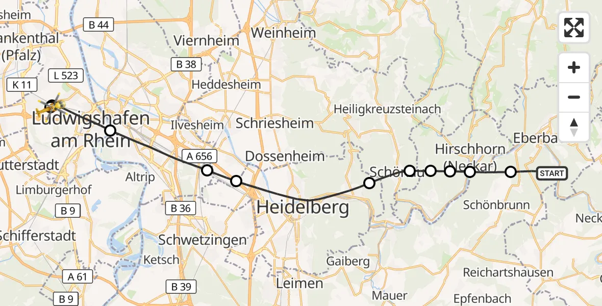 Flugroute Rettungshubschrauber Eberbach - Ludwigshafen Accident Hospital, 30 August 2026, 15:22