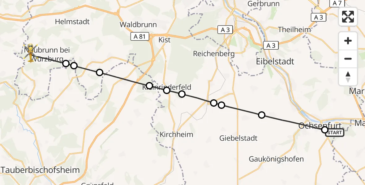 Flugroute Rettungshubschrauber Ochsenfurt Hospital - Neubrunn, 30 August 2026, 15:30