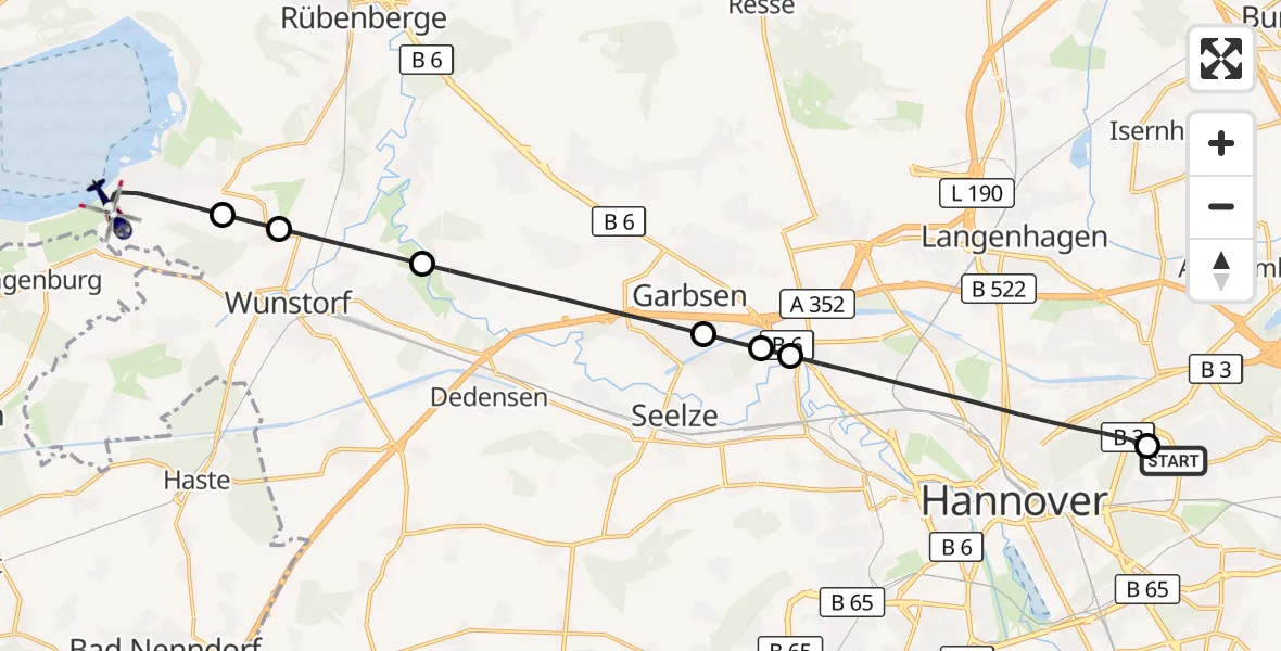 Flugroute Polizeihubschrauber Hannover Luftrettung Hubschrauberlandeplatz (Christoph 4) - Wunstorf, 30 August 2026, 15:31