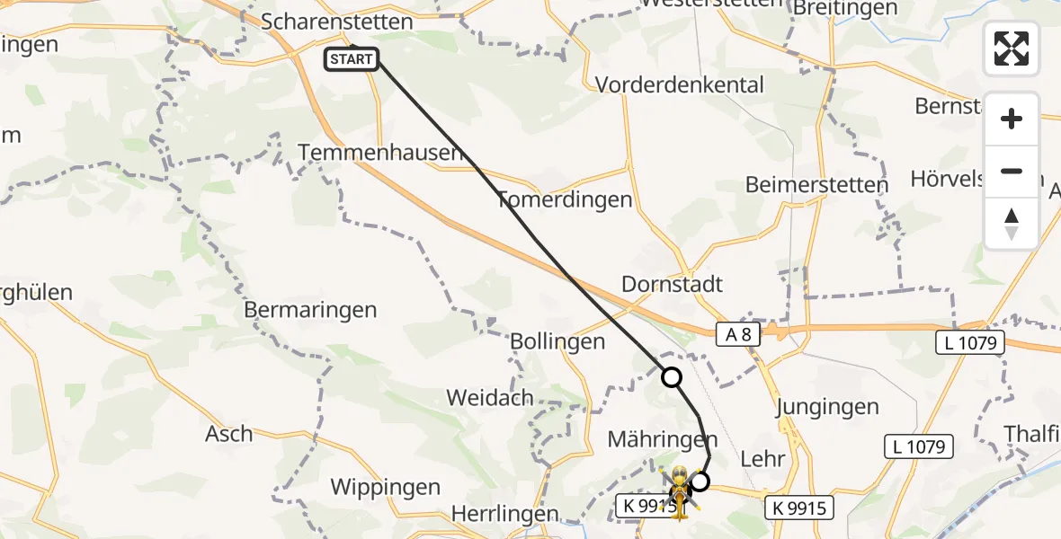 Flugroute Rettungshubschrauber Dornstadt - ADAC Air Rescue Station Ulm (Christoph 22), 30 August 2026, 15:32