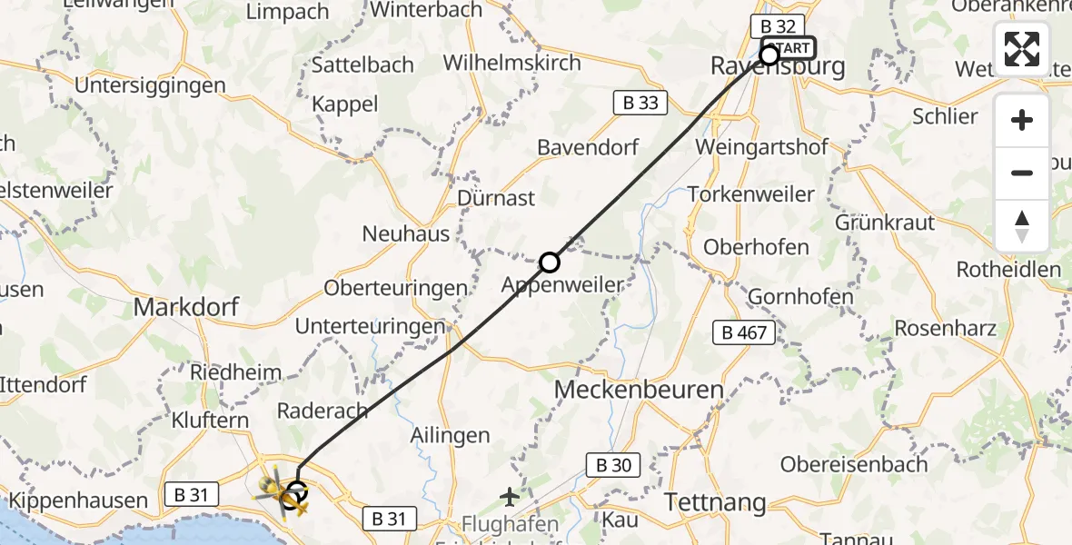 Flugroute Rettungshubschrauber Sankt Elisabeth Hospital - Friedrichshafen Hospital, 30 August 2026, 15:39