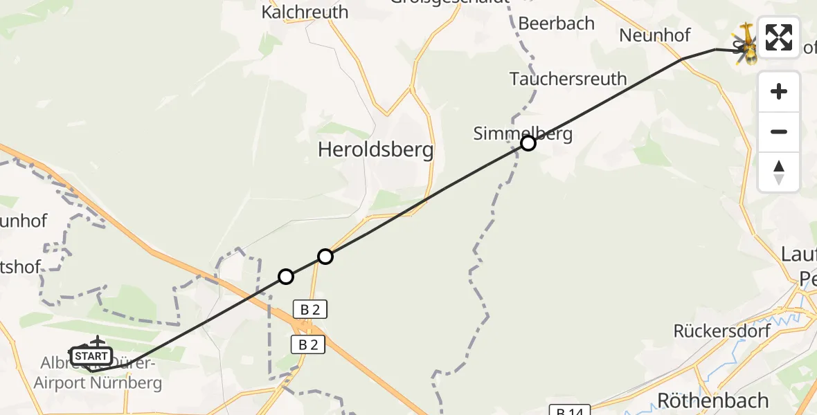 Flugroute Ambulanzhubschrauber Flughafen Nuremberg - Lauf a.d.Pegnitz, 30 August 2026, 15:42