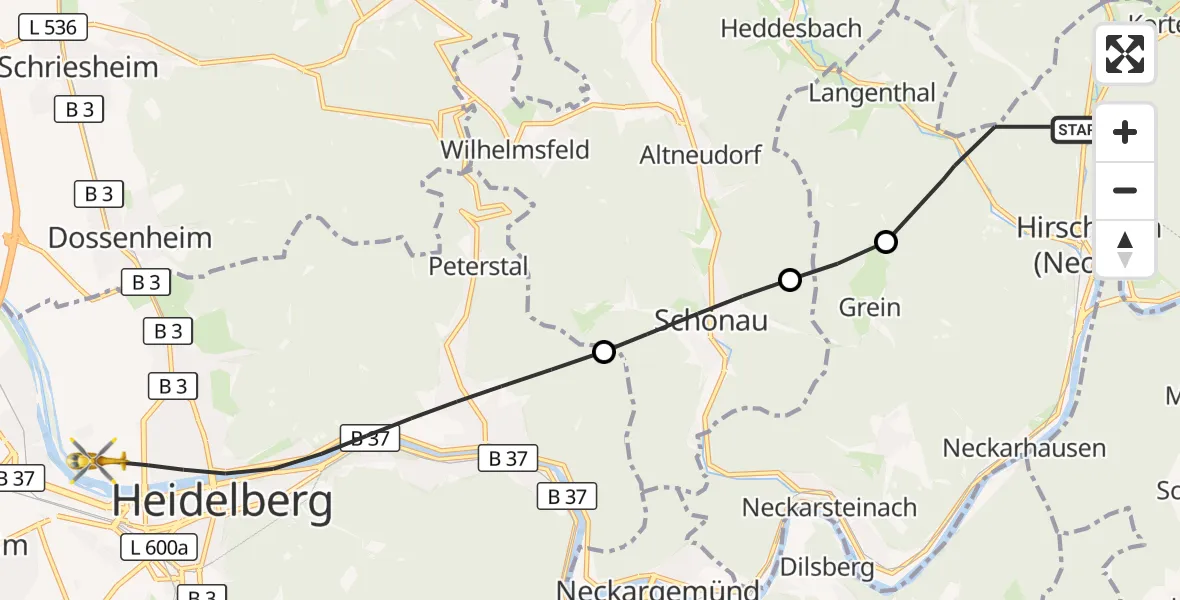Flugroute Rettungshubschrauber Hirschhorn (Neckar) - Heidelberg, 30 August 2026, 15:48