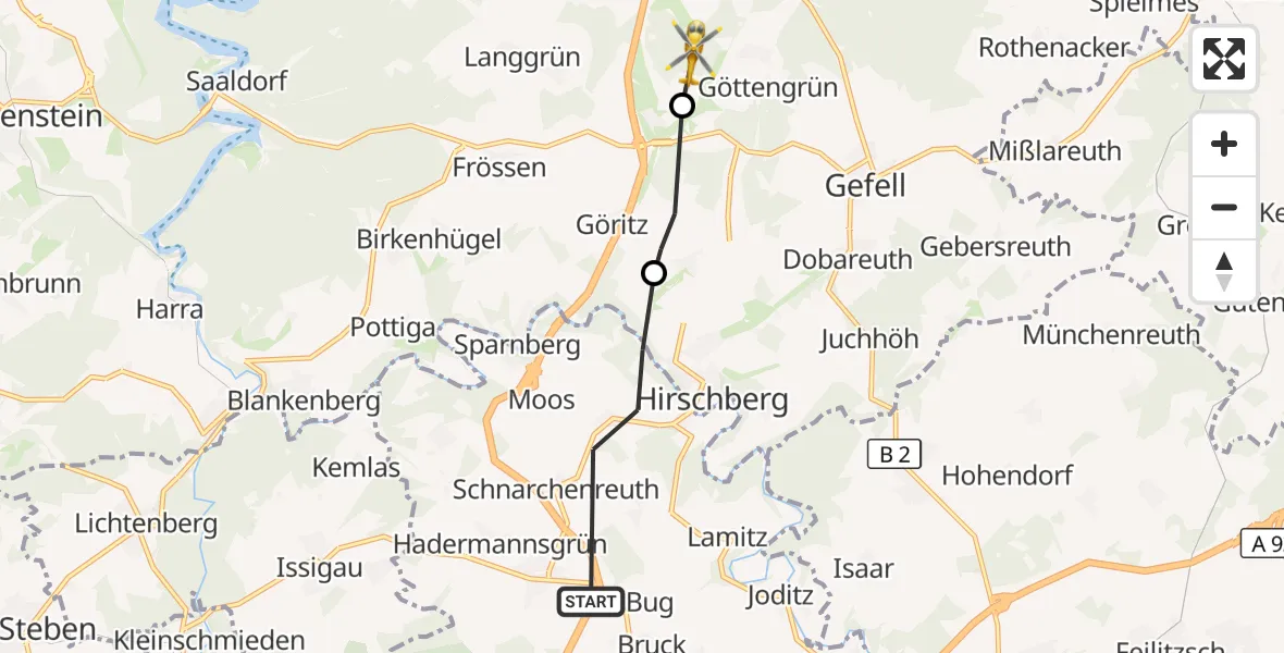 Flugroute Rettungshubschrauber Berg - Gefell, 30 August 2026, 15:49