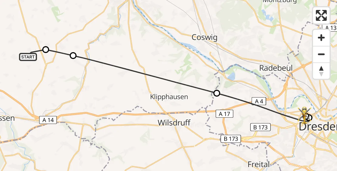 Flugroute Rettungshubschrauber Nossen - Dresden Friedrichstadt Hospital, 30 August 2026, 15:50