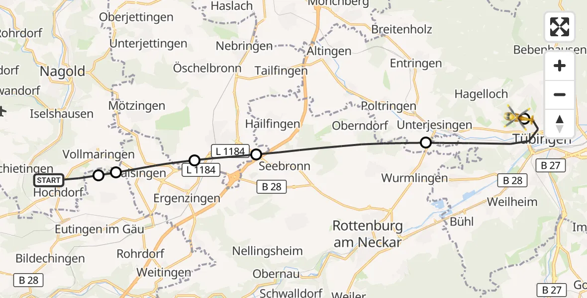 Flugroute Rettungshubschrauber Nagold - Tübingen University Hospital, 30 August 2026, 15:50