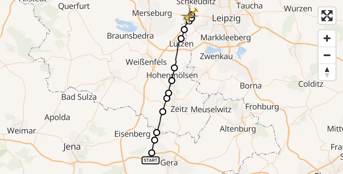 Flugroute Rettungshubschrauber Kraftsdorf - ADAC Air Rescue Station Leipzig/Schkeuditz-Dölzig Hubschrauberlandeplatz (Christoph 61), 30 August 2026, 16:04