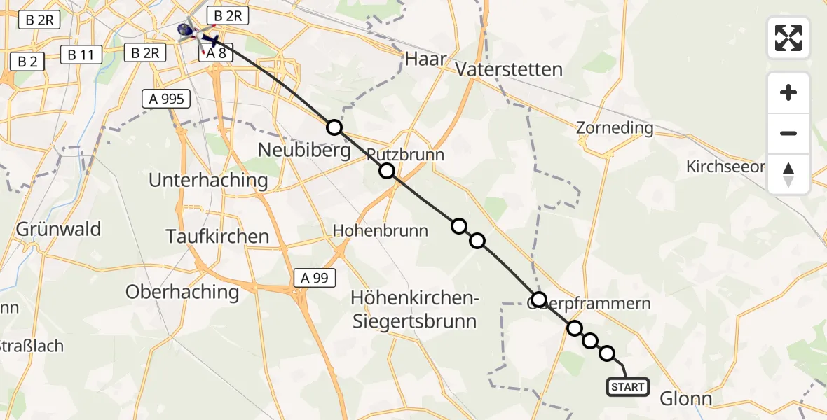 Flugroute Polizeihubschrauber Glonn - München, 30 August 2026, 16:05