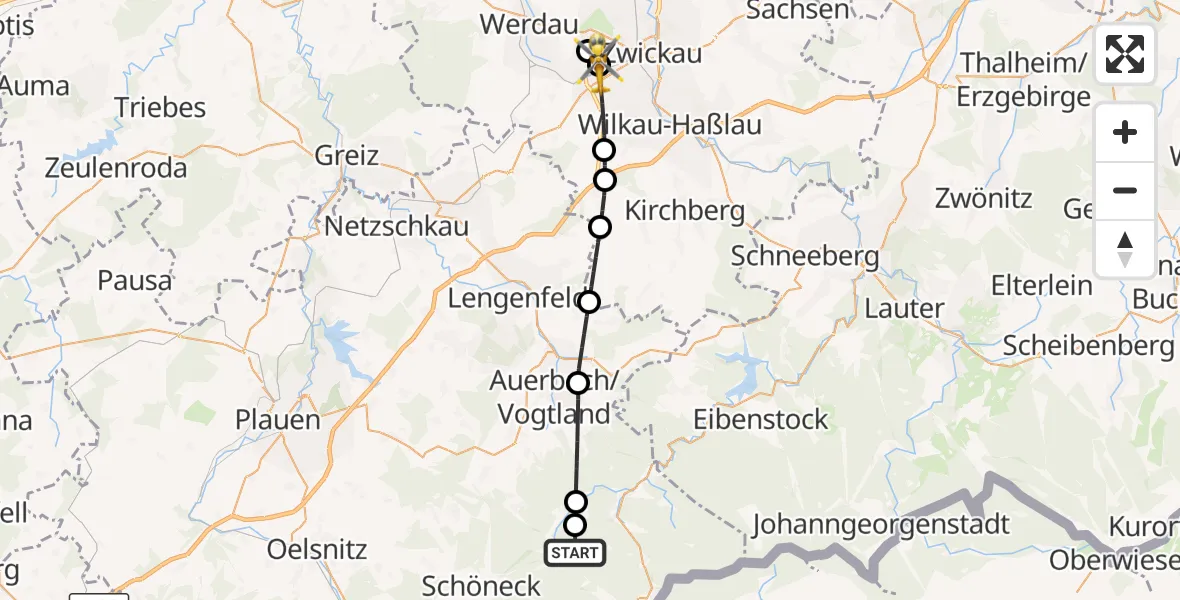 Flugroute Rettungshubschrauber Grünbach - Zwickau, 30 August 2026, 16:12