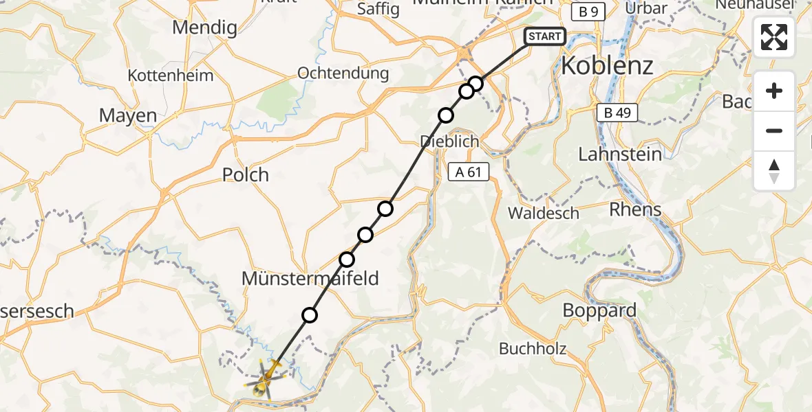 Flugroute Rettungshubschrauber Koblenz - Müden (Mosel), 30 August 2026, 16:12