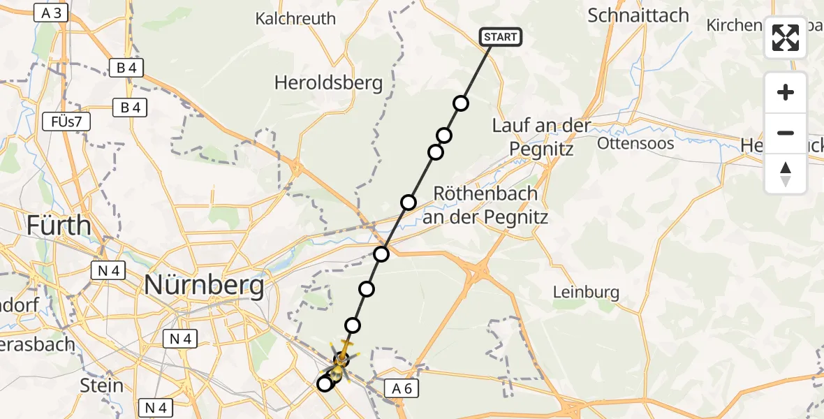 Flugroute Ambulanzhubschrauber Lauf a.d.Pegnitz - Forsthof, 30 August 2026, 16:15