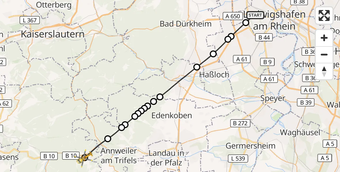Flugroute Rettungshubschrauber Ludwigshafen am Rhein - Hauenstein, 30 August 2026, 16:16