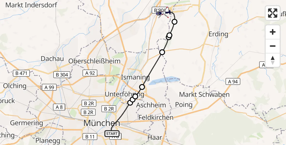 Flugroute Polizeihubschrauber München - München Flughafen, 30 August 2026, 16:16