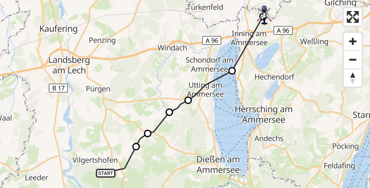 Flugroute Polizeihubschrauber Reichling - Inning a.Ammersee, 30 August 2026, 16:37