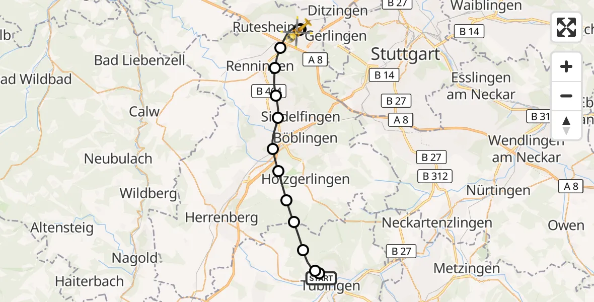 Flugroute Rettungshubschrauber Tübingen University Hospital - Leonberg Hospital, 30 August 2026, 16:39