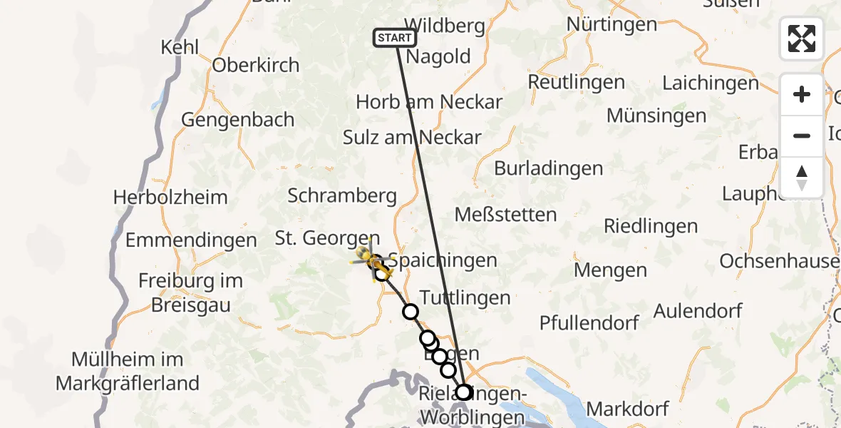 Flugroute Ambulanzhubschrauber Altensteig - DRF Air Rescue Station Villingen-Schwenningen Hubschrauberlandeplatz (Christoph 11), 30 August 2026, 16:39