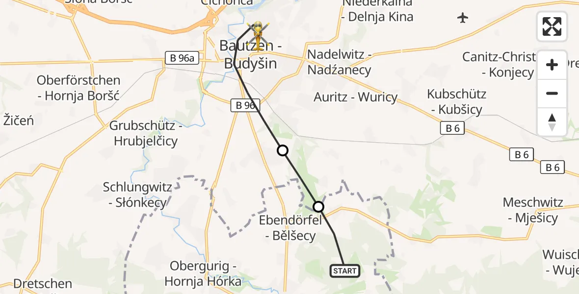 Flugroute Rettungshubschrauber Großpostwitz/O.L. - Bautzen, 30 August 2026, 16:43