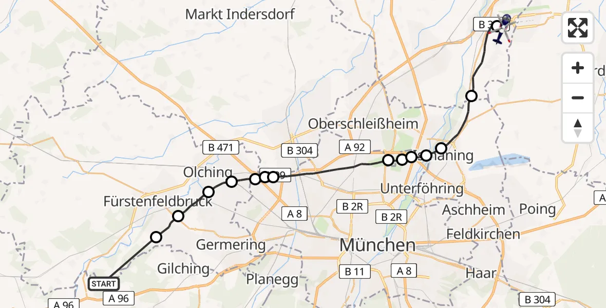 Flugroute Polizeihubschrauber Inning a.Ammersee - München Flughafen, 30 August 2026, 16:46