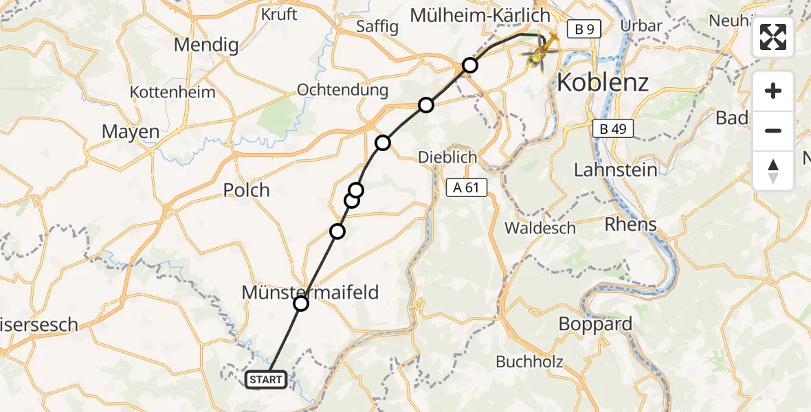 Flugroute Rettungshubschrauber Wierschem - Koblenz, 30 August 2026, 16:50