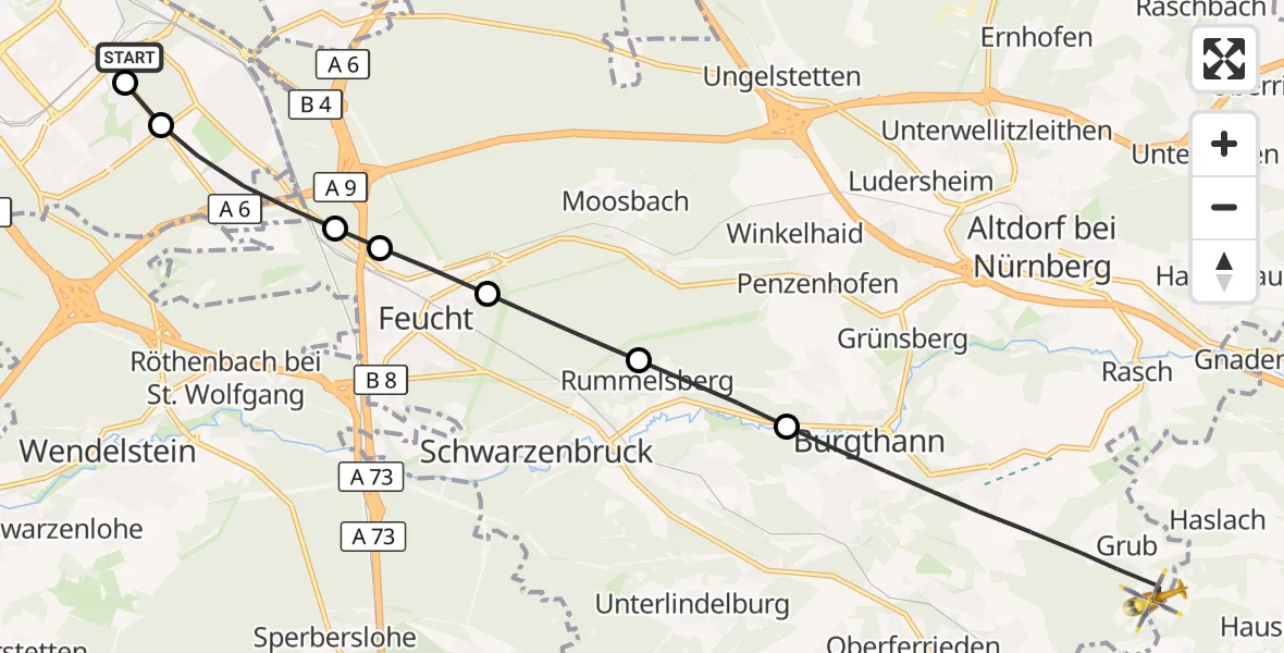 Flugroute Ambulanzhubschrauber Nürnberg South Hospital - Burgthann, 30 August 2026, 16:54
