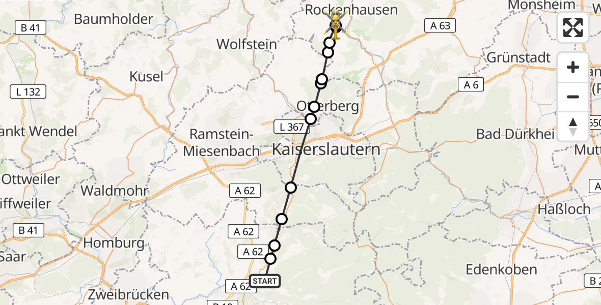 Flugroute Rettungshubschrauber Donsieders - Rockenhausen, 30 August 2026, 16:54