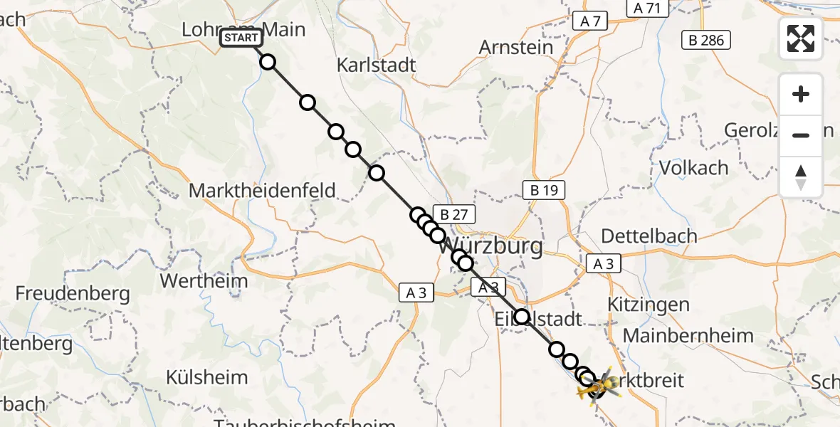 Flugroute Rettungshubschrauber Lohr a.Main - Ochsenfurt Hospital, 30 August 2026, 16:58