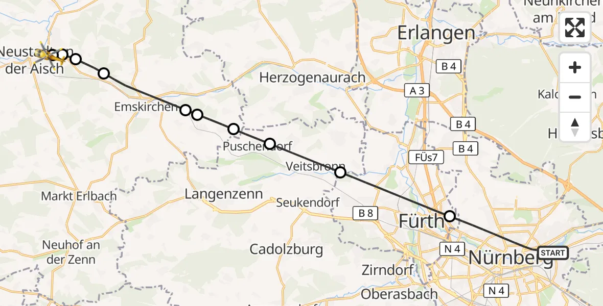 Flugroute Rettungshubschrauber Nürnberg - Neustadt Hospital, 30 August 2026, 17:10