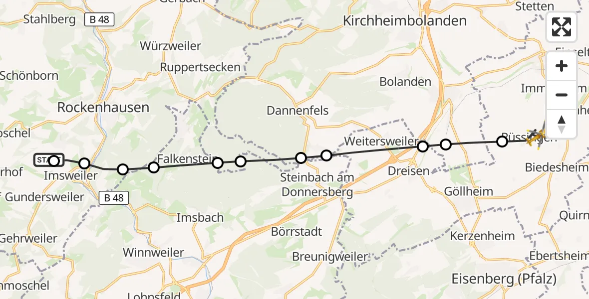 Flugroute Rettungshubschrauber Rockenhausen - Rüssingen, 30 August 2026, 17:16