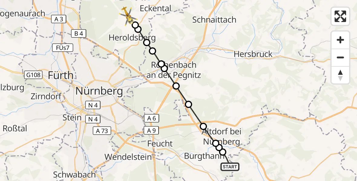 Flugroute Ambulanzhubschrauber Burgthann - Kalchreuth, 30 August 2026, 17:27