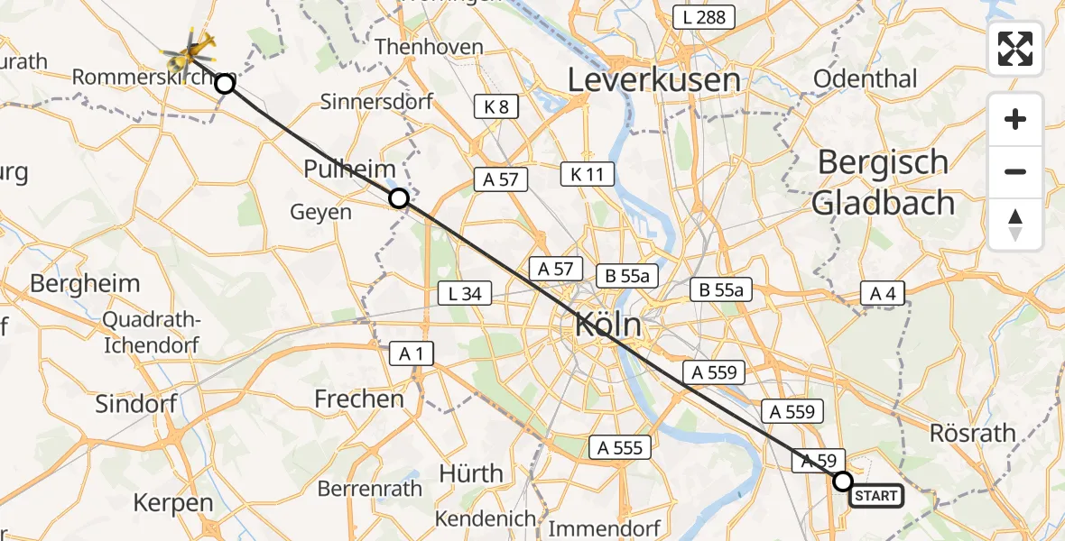 Flugroute Rettungshubschrauber Köln Bonn Flughafen - Rommerskirchen, 30 August 2026, 17:29