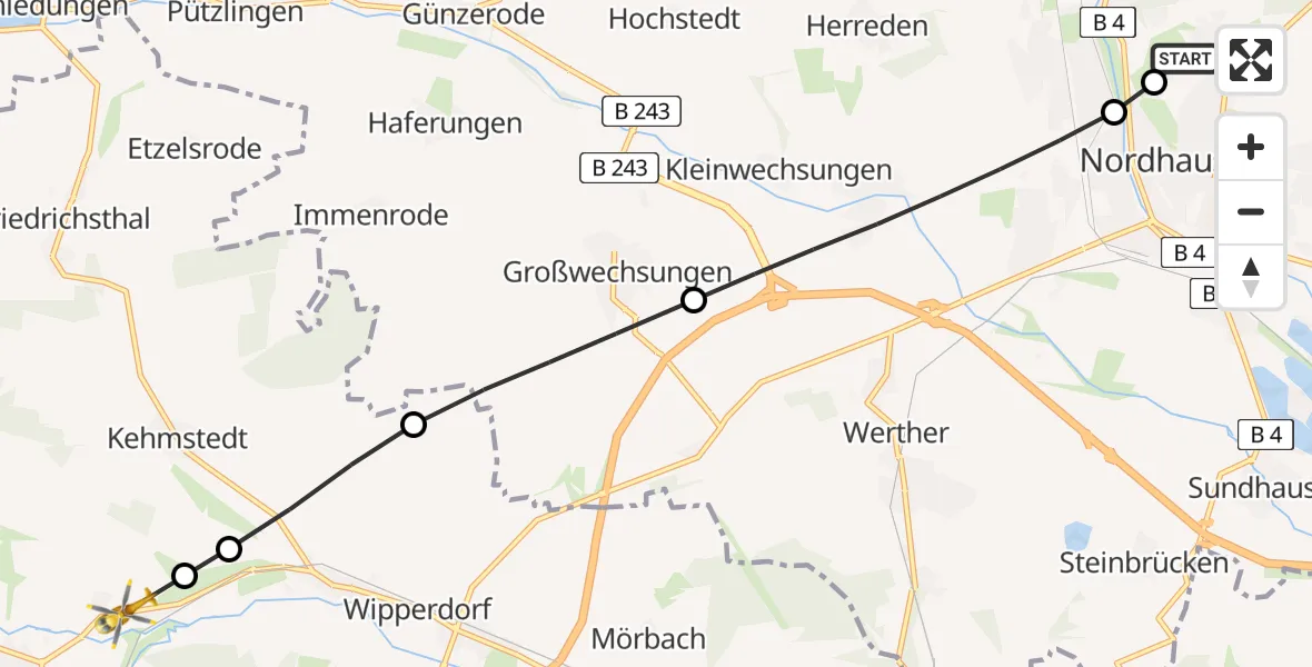 Flugroute Rettungshubschrauber Südharz Hospital Nordhausen - Bleicherode, 30 August 2026, 17:45