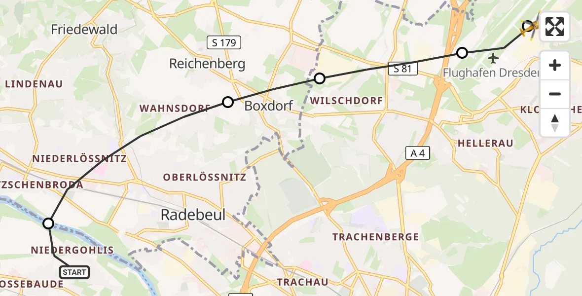 Flugroute Rettungshubschrauber Dresden - Dresden Bundespolizei Hubschrauberlandeplatz, 30 August 2026, 17:48