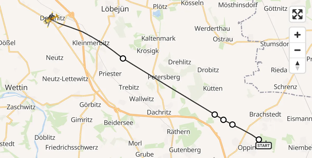 Flugroute Rettungshubschrauber Halle-Oppin Flugplatz - Wettin-Löbejün, 30 August 2026, 17:54