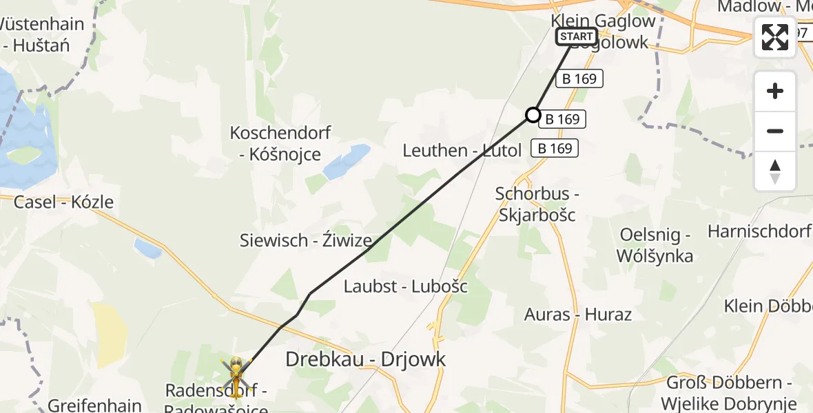 Flugroute Rettungshubschrauber Kolkwitz - Drebkau, 30 August 2026, 17:55