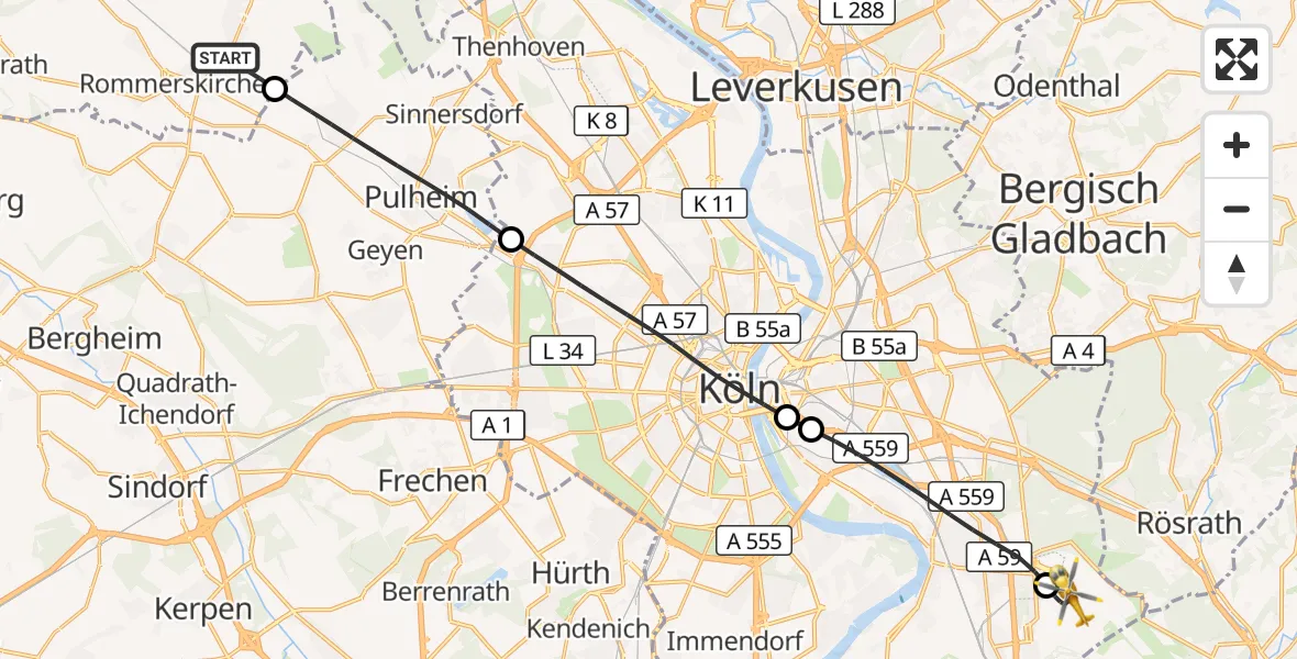 Flugroute Rettungshubschrauber Rommerskirchen - Köln Bonn Flughafen, 30 August 2026, 17:57