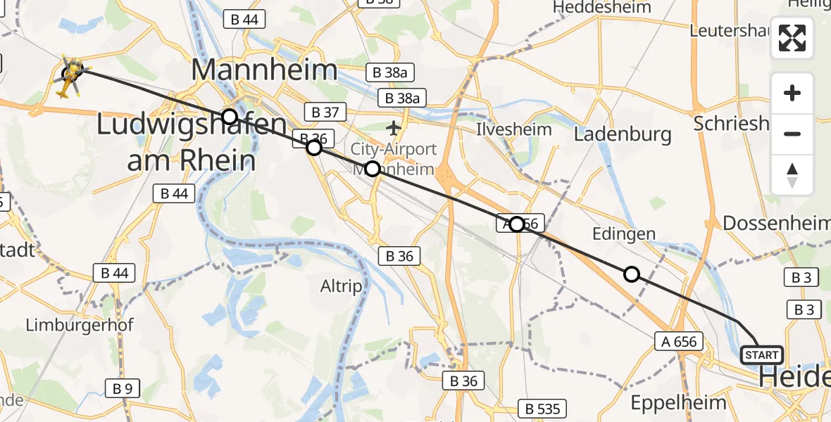 Flugroute Rettungshubschrauber Heidelberg - Ludwigshafen Accident Hospital, 30 August 2026, 17:59