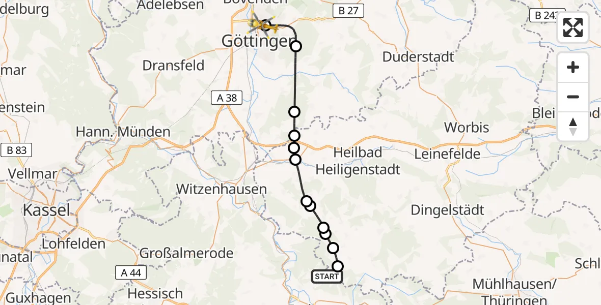 Flugroute Rettungshubschrauber Kella - Göttingen University Clinic Hubschrauberlandeplatz, 30 August 2026, 17:59