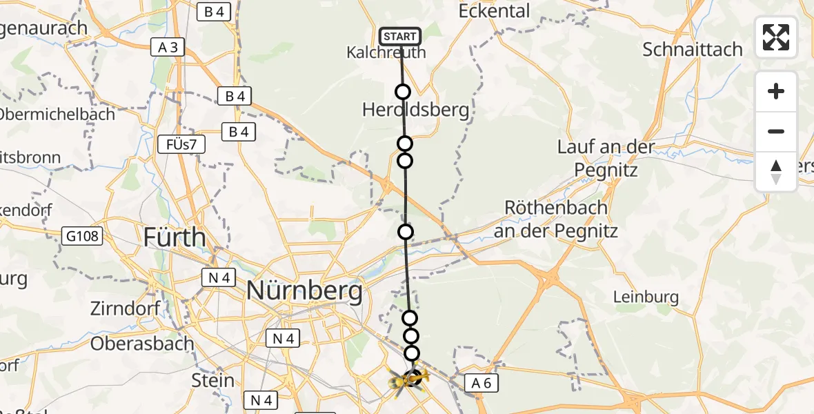 Flugroute Ambulanzhubschrauber Kalchreuth - Nürnberg South Hospital, 30 August 2026, 18:02